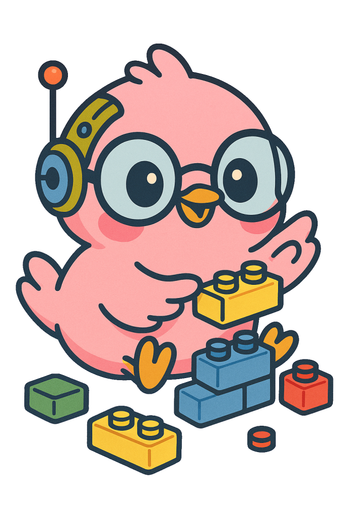 Aptipiou qui joue aux legos : Illustration mignonne d’un oisillon rose avec de grandes lunettes rondes et un casque à antenne, assis par terre et jouant avec des briques de construction colorées (type LEGO). L’oiseau a un air curieux et concentré, symbolisant l’apprentissage, la créativité et la technologie.